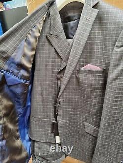 Mens Slim Fit Designer Suit Dark Grey/Blue Alexander Caine THREE Piece Suit