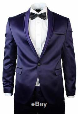 Mens Slim Fit Satin Dinner Suit Tuxedo Wedding Party Black Trim 1 Button Purple