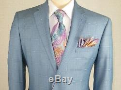 Mens Suit Renoir English Plaid Window Pane Two Button 292-9 Ocean Blue Slim Fit