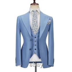 Mens Suit Three Piece Baby Blue 100% Wool Slim Fit Wedding Formal Prom Groom