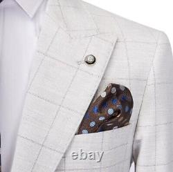 Mens Suit Three Piece Stone Grey Check 100% Wool Slim Fit Summer Wedding Prom 3