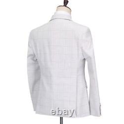 Mens Suit Three Piece Stone Grey Check 100% Wool Slim Fit Summer Wedding Prom 3