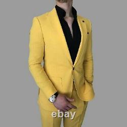 Mens Tuxedo Suit Yellow Wedding Slim Fit Evening Party Wear Dinner Coat Pants