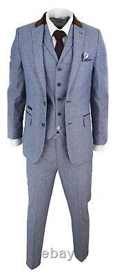 Mens Tweed 3 Piece Slim Fit Suit Blue Vintage Short Reg Long
