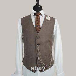 Mens Tweed 3 Piece Suit Slim Fit Brown Herringbone Wool Vintage