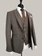 Mens Tweed 3 Piece Suit Slim Fit Brown Herringbone Wool Vintage 38R W32 L31