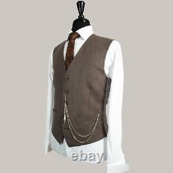 Mens Tweed 3 Piece Suit Slim Fit Brown Herringbone Wool Vintage 38R W32 L31