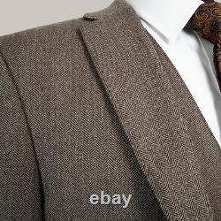 Mens Tweed 3 Piece Suit Slim Fit Brown Herringbone Wool Vintage 40R W34 L31