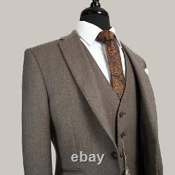 Mens Tweed 3 Piece Suit Vintage Wedding Slim Fit Brown Herringbone 44R W38 L31