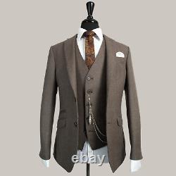Mens Tweed 3 Piece Suit Vintage Wedding Slim Fit Brown Herringbone Wool
