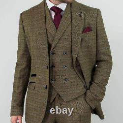 Mens Tweed Brown Herringbone Check Peaky Blinders Wedding Slim Fit 3 Piece Suit