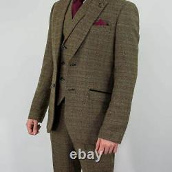 Mens Tweed Brown Herringbone Check Peaky Blinders Wedding Slim Fit 3 Piece Suit