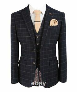 Mens Tweed Check Suit Jacket Waistcoat Trousers Wedding Navy Sold Separate Set