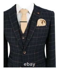 Mens Tweed Check Suit Jacket Waistcoat Trousers Wedding Navy Sold Separate Set