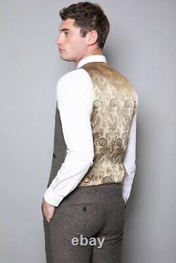 Mens Vintage Tweed 3 Piece Suit Wool Blend Brown Fleck Wedding Suit Tailored Fit