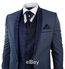 Mens Wedding Party Suit Tuxedo 5 Piece Blue Round Shawl Lapel Slim Fit