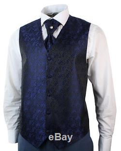 Mens Wedding Party Suit Tuxedo 5 Piece Blue Round Shawl Lapel Slim Fit
