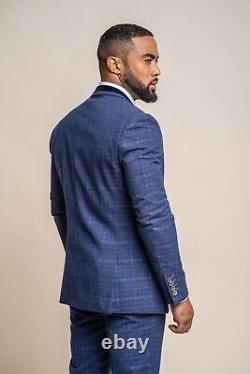 Mens' Windowpane Check Tweed Slim Fit Suit in Navy Blue Retro Suit RRP £ 229.97