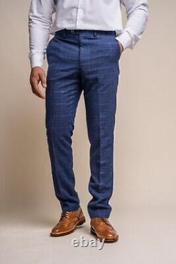 Mens' Windowpane Check Tweed Slim Fit Suit in Navy Blue Retro Suit RRP £ 229.97