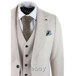 Mens Wool 3 Piece Cream Beige Suit Slim Fit Classic Wedding Party Vintage 1920s