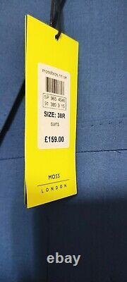 Moss Bros 3 Piece Suit UK38R Mid Blue BNWT Slim Fit Polyester Viscose