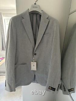 Moss Bros Slim Fit Light Grey Marl Seersucker Suit 40R Jacket + 34R Trousers