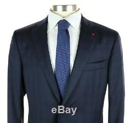 NWT $4150 ISAIA Dark Blue Check Super 120's Wool Flat Front Suit Slim-Fit 44 L