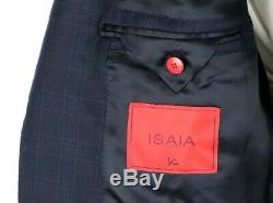 NWT $4150 ISAIA Dark Blue Check Super 120's Wool Flat Front Suit Slim-Fit 44 L