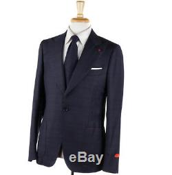 NWT $4195 ISAIA Slim-Fit Navy Blue Check Wool Suit with Peak Lapels 40 R