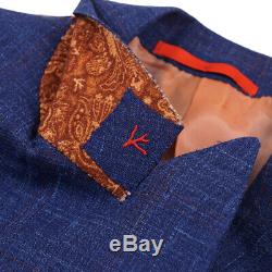 NWT $4195 ISAIA Slim-Fit Royal Blue Check Wool-Silk-Linen Suit 38R (Eu 48)