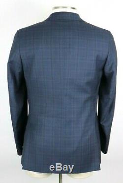 NWT Isaia Napoli Blue Check Super 120's Wool Flat Front Suit 38 R Slim Fit 48 EU