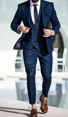 Navy Blue Slim-Fit Suit-Men's Suit Beige 3 Piece Suit- Wedding Jacket