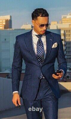 Navy Men's Suit Stripe Slim Fit Prom Business Groom Tuxedo Wedding Suit Tailored