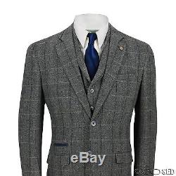 New Cavani Mens 3 Piece Tweed Suit Vintage Herringbone Grey Check Retro Slim Fit