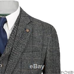 New Cavani Mens 3 Piece Tweed Suit Vintage Herringbone Grey Check Retro Slim Fit