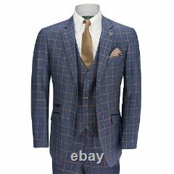 New Mens 3 Piece Blue Orange Window Check Retro Smart Tailored Fit Vintage Suit