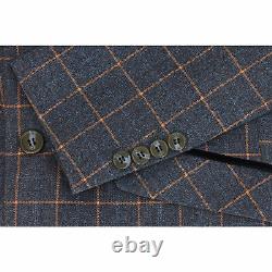 New Mens 3 Piece Blue Orange Window Check Retro Smart Tailored Fit Vintage Suit