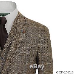 New Mens 3 Piece Tweed Suit Vintage Tan Brown Herringbone Check Retro Slim Fit