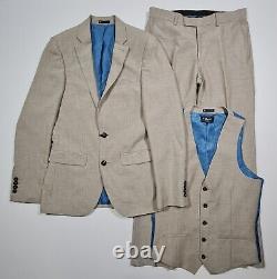 Penguin Mens 3 Piece Suit Set 36 L Beige Jacket 30 R Trousers Slim Fit