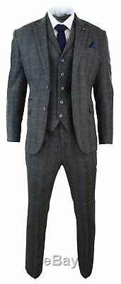 Plaid Men 3Pcs Classic Tweed Herringbone Check Grey Slim Fit Vintage Suit Custom
