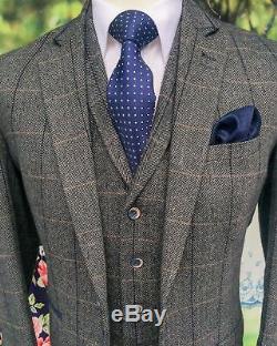 Plaid Vintage Gray Men's Classic Tweed Herringbone Check Slim Fit Suit Custom