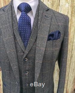 Plaid Vintage Gray Men's Classic Tweed Herringbone Check Slim Fit Suit Custom