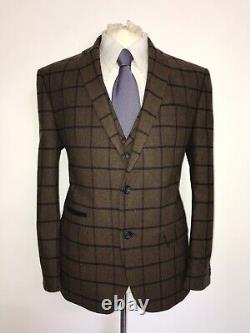 RACING GREEN 3 PIECE Tailored Fit BROWN TWEED WOOL SUIT 42 Short W34 L29