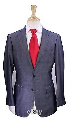 RING JACKET Japan Navy Blue/Silver Woven Wool-Silk 2-Btn Slim Fit Suit 38S