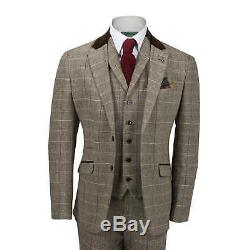 Retro Peaky Blinders Mens 3 Piece Tweed Suit Herringbone Check Brown Slim Fit