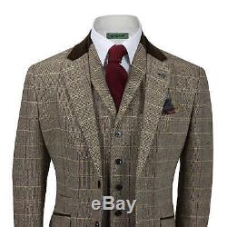 Retro Peaky Blinders Mens 3 Piece Tweed Suit Herringbone Check Brown Slim Fit