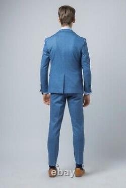 Robert Simon Men's Slim Fit Retro Tweed Suit Yale Blue Formal Wedding RRP £ 260