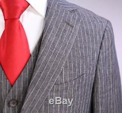 SUITSUPPLY Brownish Gray Striped 3-Pc Slim Fit Pure Linen 2-Btn Suit 38S