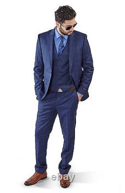 Slim Fit 2 Button Vest Optional Peak lapel Windowpane Plaid Suit Azar Blue 1698