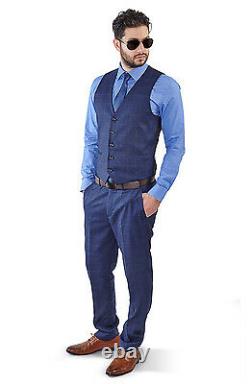 Slim Fit 2 Button Vest Optional Peak lapel Windowpane Plaid Suit Azar Blue 1698